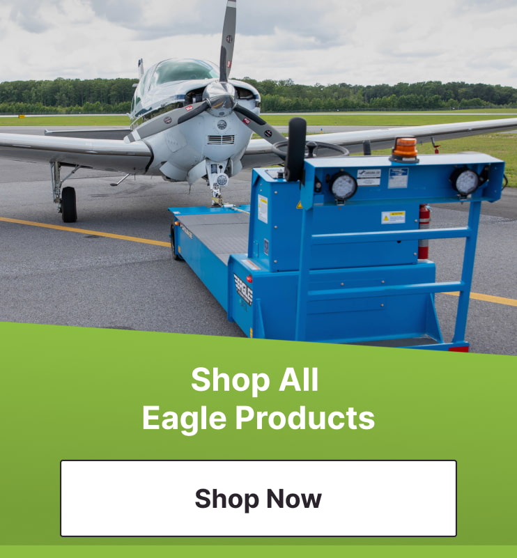 The Eage A Tronair Company logo with an image of a small rotary aircraft being towed by a blue Eagle tug with the Pilot John International shop all Eagle products shop now button.