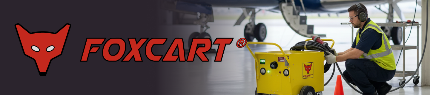FoxCart logo beside a hangar scene with a technician handling cables from a yellow FoxCart ground power unit next to an aircraft and an orange safety cone.