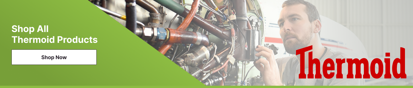 Shop All Thermoid Products banner with Shop Now button, Thermoid logo, and mechanic inspecting aircraft engine components
