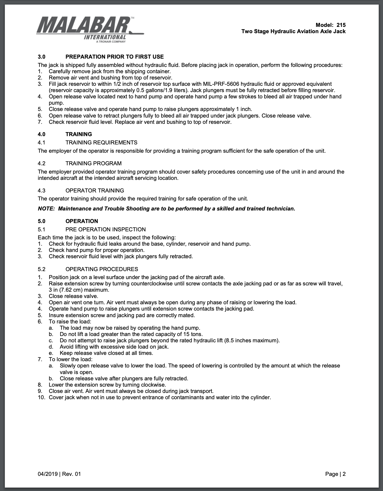 Malabar Operation and Service Manual for an Aircraft Axle Jack