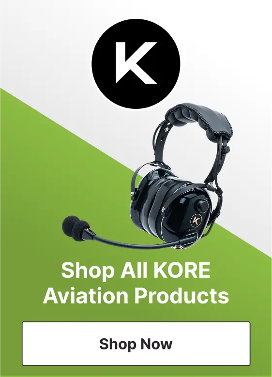 Male pilot wearing sunglasses and a Kore Aviation headset inside a cockpit, with a green banner promoting "Shop All KORE Aviation Products."