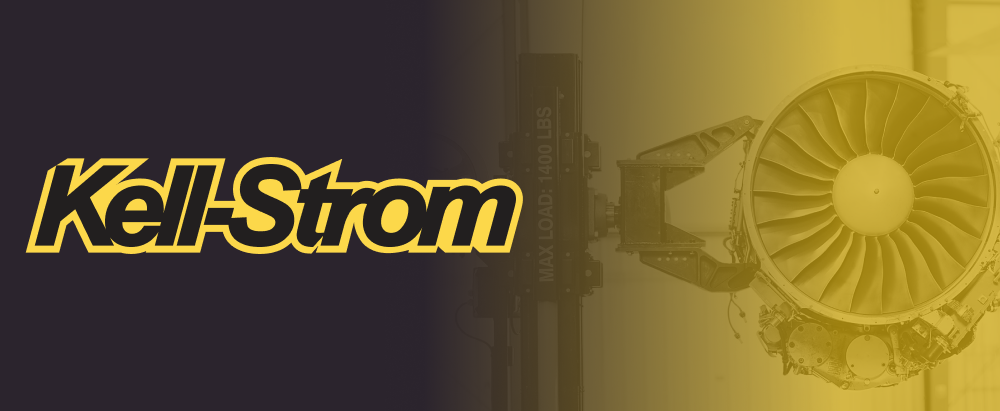 Kell-Strom logo on a dark-to-yellow gradient background with an aircraft engine mounted on an engine jack, highlighting aviation maintenance and aerospace tooling solutions.