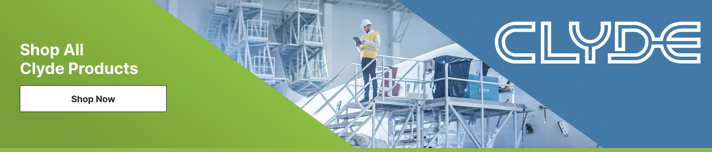 Green-and-blue footer banner with âShop All Clyde Products,â a âShop Nowâ button, and a worker on an elevated maintenance platform inside an industrial facility, with the CLYDE logo on the right.