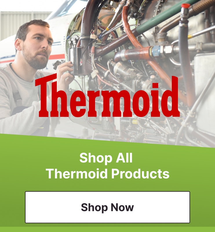 Shop All Thermoid Products banner with Shop Now button, Thermoid logo, and mechanic inspecting aircraft engine components
