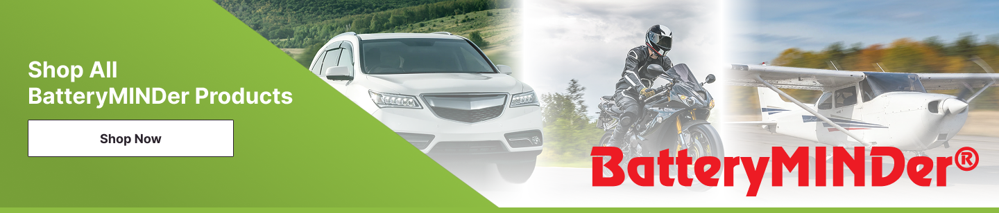 Green-and-photo footer banner with âShop All BatteryMINDer Products,â a âShop Nowâ button, and background images of an SUV, a motorcyclist, and a light aircraft alongside the red BatteryMINDerÂ® wordmark.