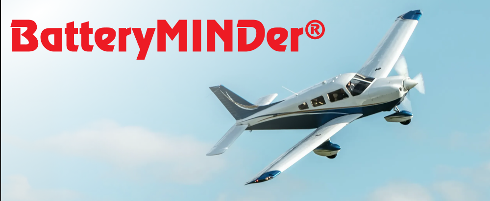 An image with the BatteryMinder logo and an aircraft in flight