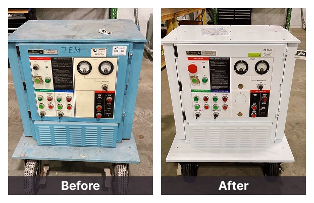 Side-by-side comparison of a Unitron ground power unit before and after refurbishment. The left image shows a worn-out blue unit with faded paint and visible signs of use, while the right image features a fully restored, freshly painted white unit with clean panels, updated labels, and improved controls.