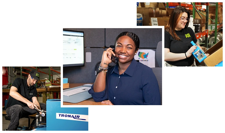Smiling PJI employee speaking on the phone at her desk, with a computer monitor displaying the Pilot John International website in the background.