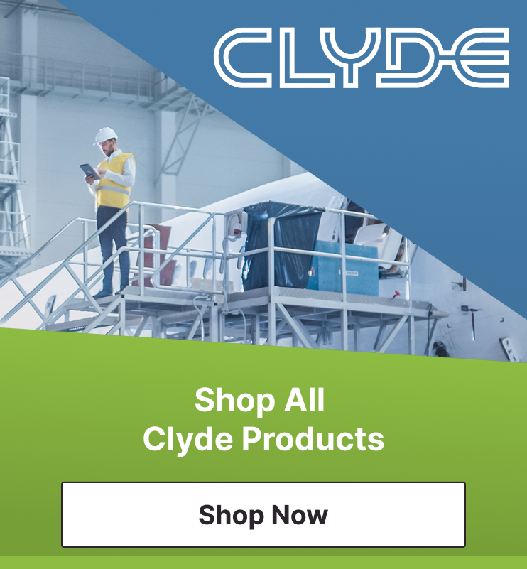 Green-and-blue footer banner with âShop All Clyde Products,â a âShop Nowâ button, and a worker on an elevated maintenance platform inside an industrial facility, with the CLYDE logo on the right.