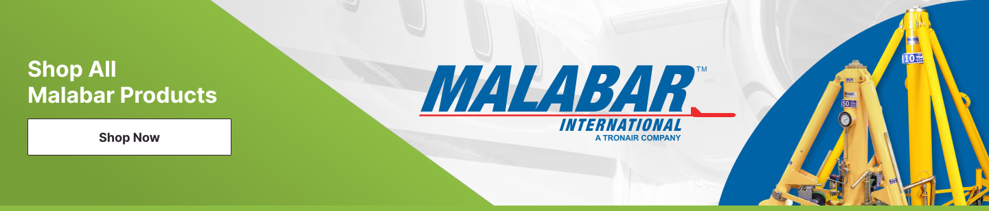 The Malabar International A Tronair Company logo with an image of two Malabar products (an aircraft tailstand and an aircraft jack) with the Pilot John International button Shop All Malabar Products Shop Now.