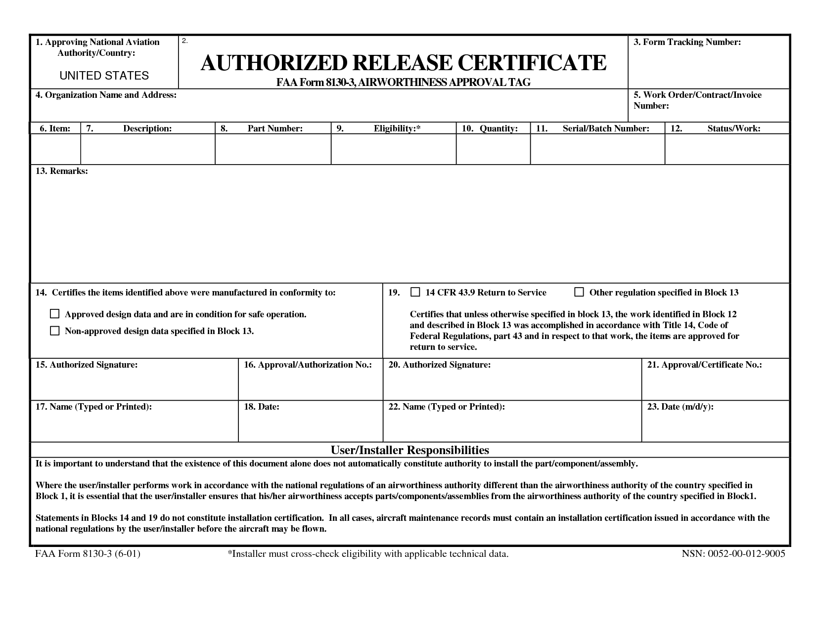 FAA Form 8130-3 Sample