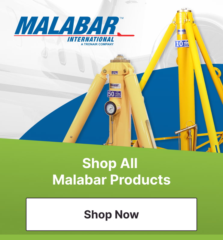 The Malabar International A Tronair Company logo with an image of two Malabar products (an aircraft tailstand and an aircraft jack) with the Pilot John International button Shop All Malabar Products Shop Now.