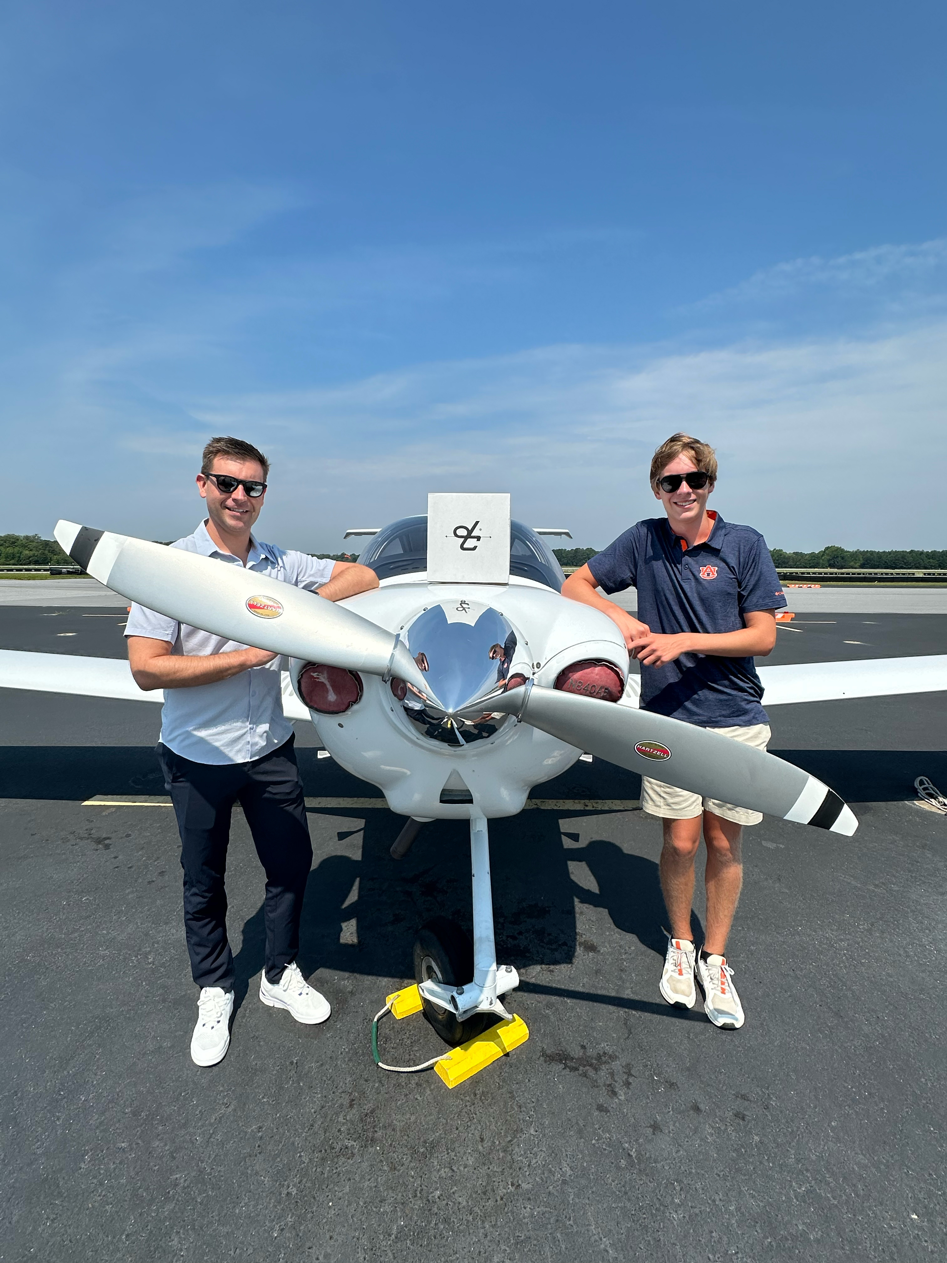 Ben Swaggerty and John Werner posing in front of a general aviation aircraft