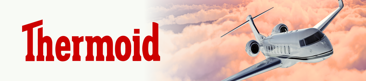 Thermoid logo in bold red text next to a business jet flying above pink-tinted clouds