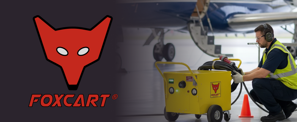 FoxCart logo beside a hangar scene with a technician handling cables from a yellow FoxCart ground power unit next to an aircraft and an orange safety cone.