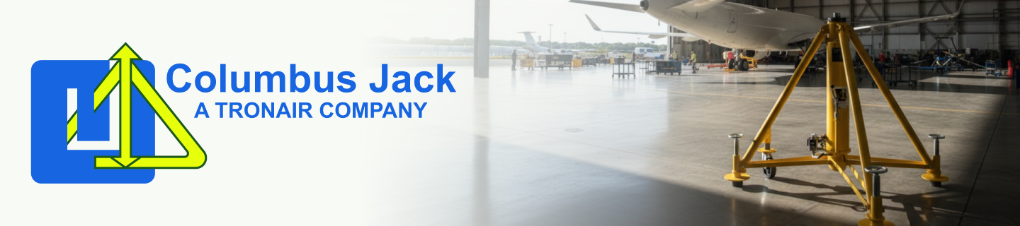 Columbus Jack logo with âA Tronair Companyâ beside a hangar scene with a yellow tripod aircraft jack.
