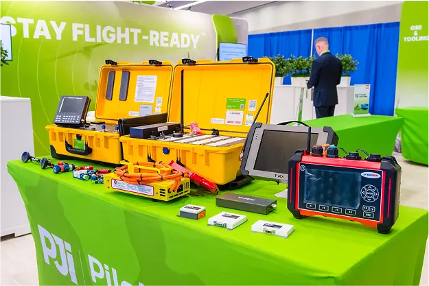 Display table at the Pilot John International trade show booth showcasing avionics test equipment, tools, and protective cases.