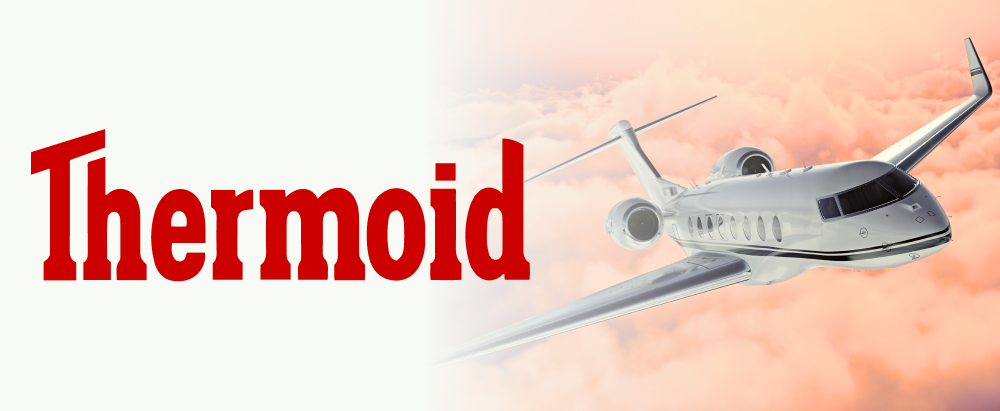 Thermoid logo in bold red text next to a business jet flying above pink-tinted clouds