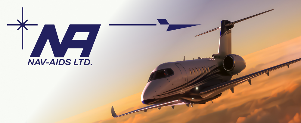 NAV-AIDS LTD. header image with stylized NA logo and arrow graphic on the left and a business jet flying above clouds in warm sunset light.