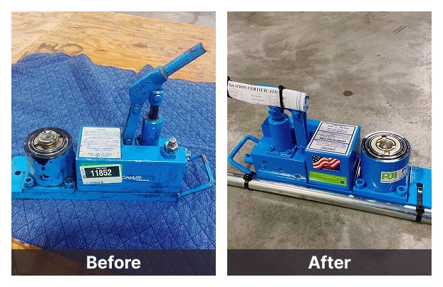 Side-by-side comparison of a Tronair Axle Jack before and after refurbishment. The left image shows a worn-out blue jack with chipped paint and visible wear, while the right image features a fully restored, freshly painted blue jack with new decals, a certification label, and an attached handle for improved functionality.