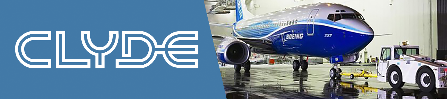 Clyde header image with large CLYDE wordmark on the left and a blue Boeing 737 in a maintenance hangar being positioned with ground equipment on the right.