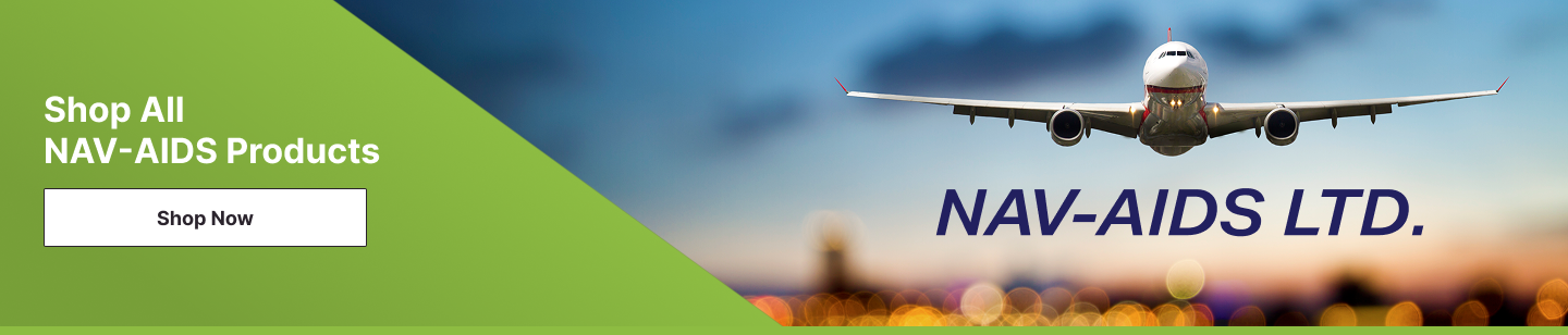 Green-and-blue footer banner with âShop All NAV-AIDS Products,â a âShop Nowâ button, and a front-view commercial jet above blurred city lights with âNAV-AIDS LTD.â on the right.