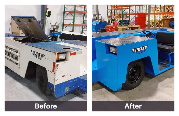 Side-by-side comparison of an Eagle TT-12 AWD diesel tug before and after refurbishment. The left image shows a worn-out white and blue tug with rust, chipped paint, and an open engine compartment, while the right image features a fully restored, freshly painted bright blue tug with a polished surface, new decals, and upgraded components.