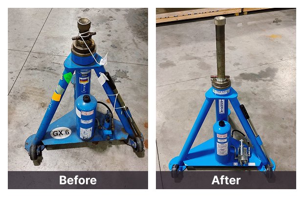 Side-by-side comparison of a Tronair Tripod Jack before and after refurbishment. The left image shows a worn-out blue jack with chipped paint and visible signs of use, while the right image features a fully restored, freshly painted blue jack with new labels, improved components, and a clean, polished appearance.