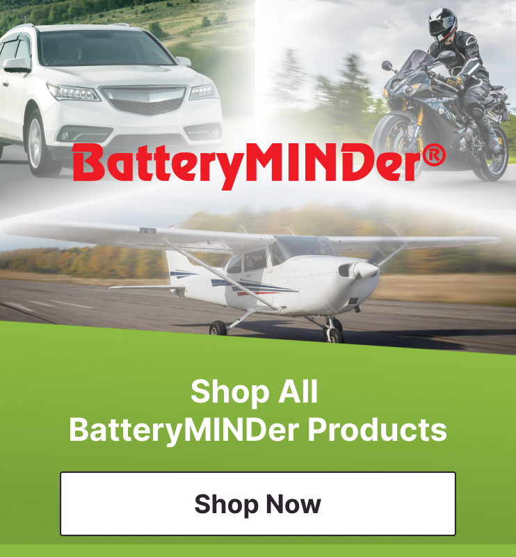 Green-and-photo footer banner with âShop All BatteryMINDer Products,â a âShop Nowâ button, and background images of an SUV, a motorcyclist, and a light aircraft alongside the red BatteryMINDerÂ® wordmark.