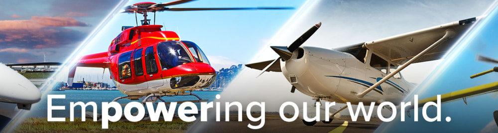A series of images with planes and helicopters flying behind the words "empowering our world."