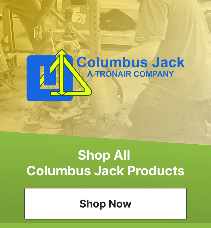 Green banner: âShop All Columbus Jack Productsâ with a âShop Nowâ button and Columbus Jack logo over a yellow-tinted workshop scene.