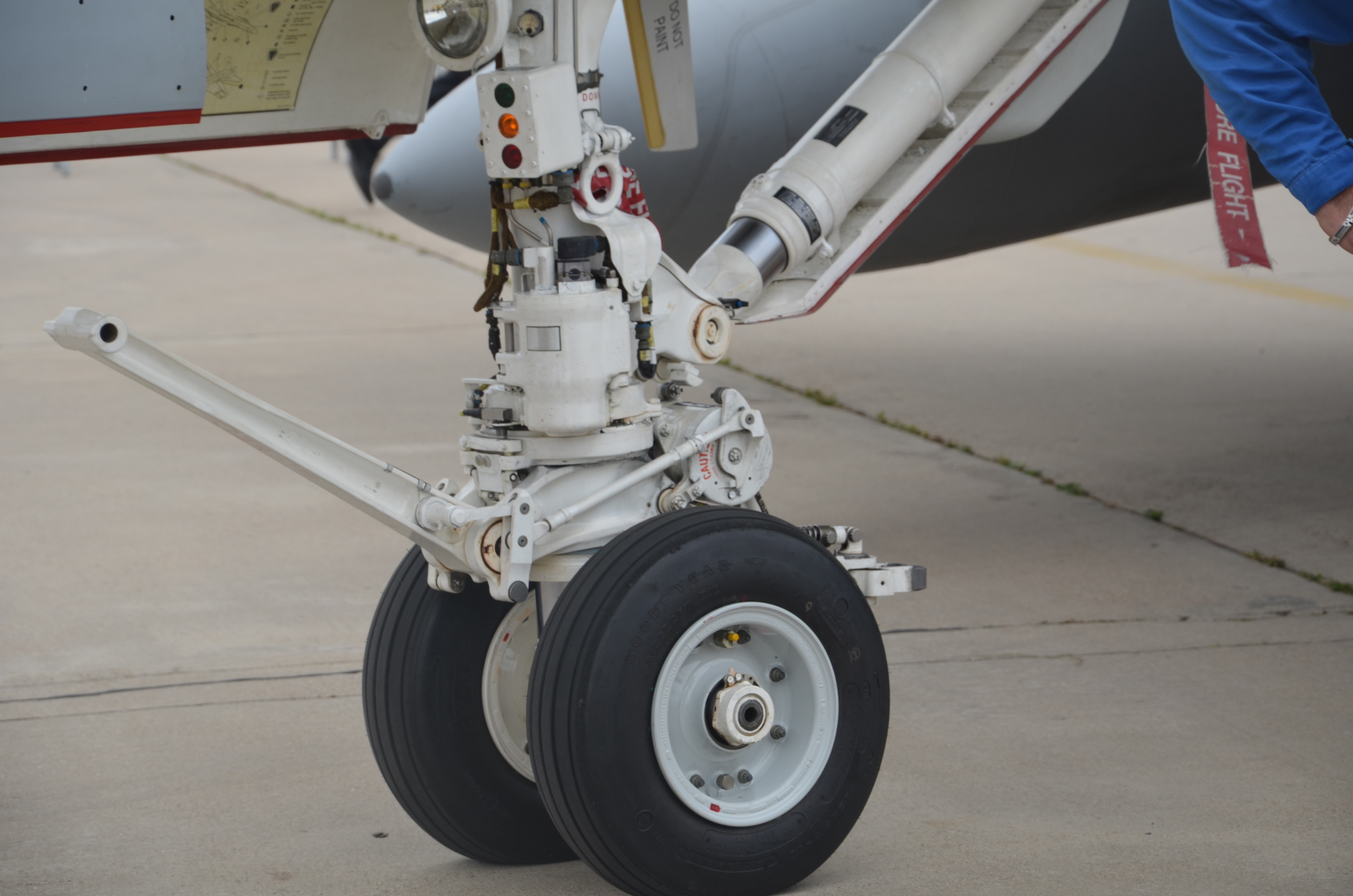 Goodyear aircraft tires as part of landing gear assembly in closeup