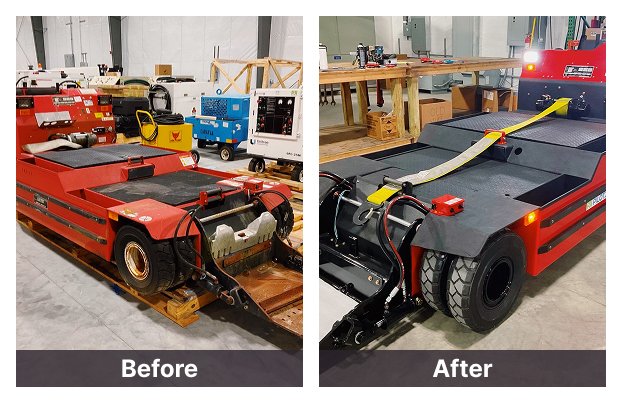 Side-by-side comparison of an electric tug before and after refurbishment. The left image shows a worn-out red tug with faded paint and visible wear, while the right image features a fully restored, freshly painted red tug with new components, a clean surface, and an attached tow strap.