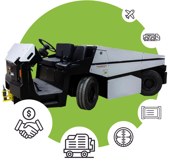 Ground support towing vehicle surrounded by icons representing aviation, logistics, financing, and equipment metrics