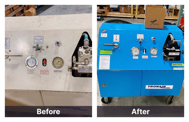 Side-by-side comparison of a Tronair Hydraulic Power Unit (HPU) before and after refurbishment. The left image shows an old, worn-out beige unit, while the right image displays a restored, freshly painted blue unit with improved labeling and components.
