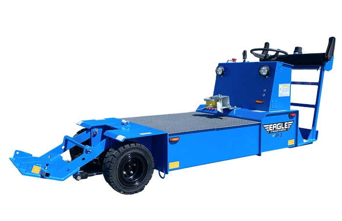 Blue Eagle JP3 aircraft tug on white background, highlighting PJi's flexible rental options for aviation ground support equipment.