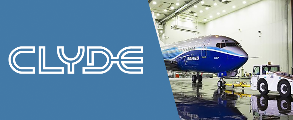 Clyde header image with large CLYDE wordmark on the left and a blue Boeing 737 in a maintenance hangar being positioned with ground equipment on the right.