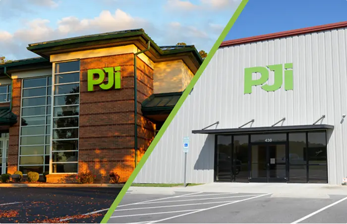 Split image showing two PJi facilities â the left side features a brick building with large windows and a green PJi logo, while the right side shows a metal warehouse-style building with the same green PJi logo above the entrance.