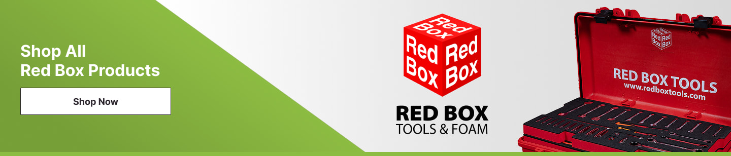 The Red Box Tools & Foam Logo with an image of a Red Box Tool Box beside it and a Shop All Red Box Products button. 
