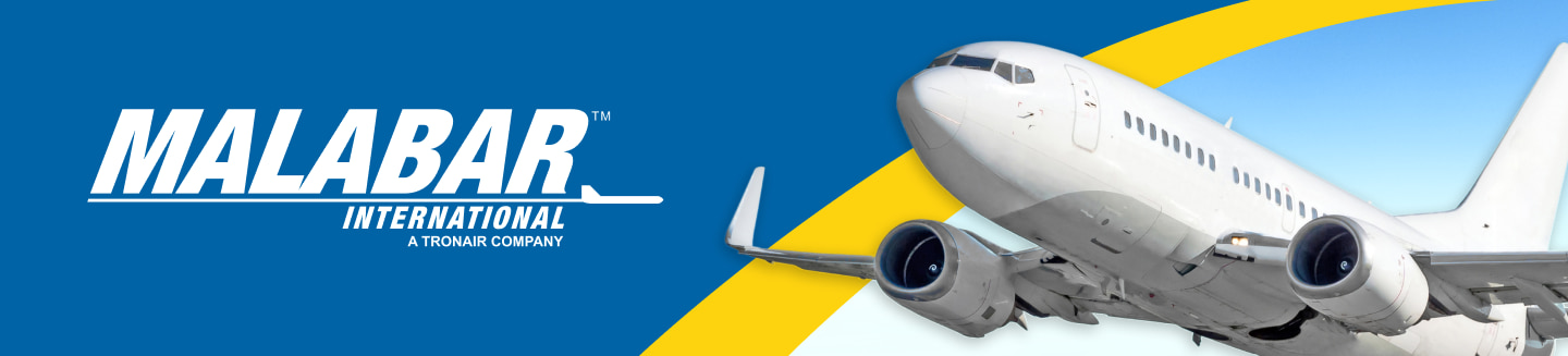 The Malabar International A Tronair Company logo over a blue background with a rounded yellow strip with a commercial aircraft flying.