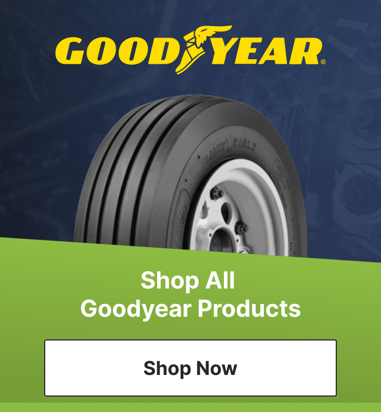 The Goodyear logo over an image of an aircraft tire.