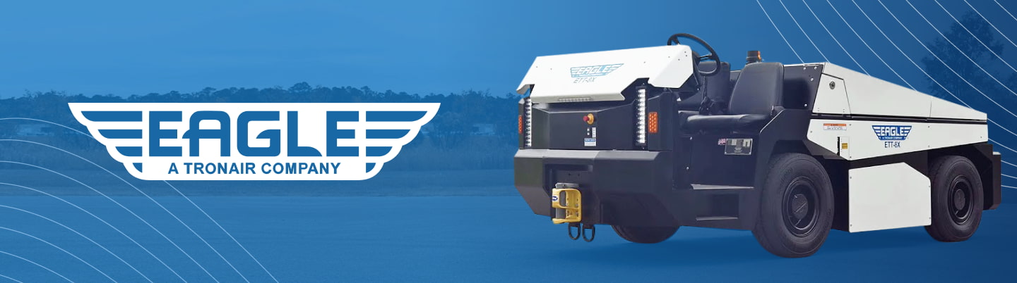 The Eagle A Tronair Company Logo over a blue background with an image of a Eagle ETT-8X Tug to the right.