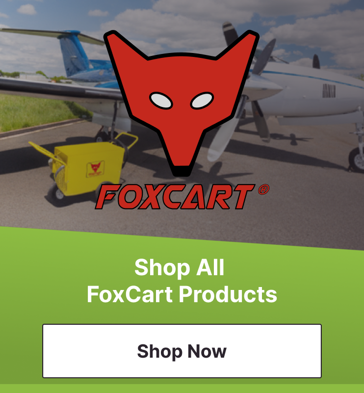 Green banner with âShop All FoxCart Productsâ and a âShop Nowâ button over a faded airport ramp scene; red fox-head FOXCART logo large over a turboprop aircraft and a yellow ground power unit.