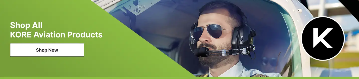 Male pilot wearing sunglasses and a Kore Aviation headset inside a cockpit, with a green banner promoting "Shop All KORE Aviation Products."