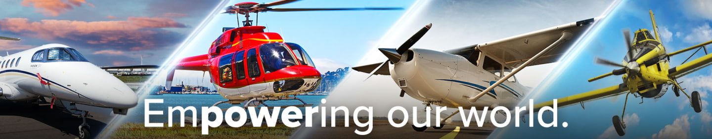 A series of images with planes and helicopters flying behind the words "empowering our world."