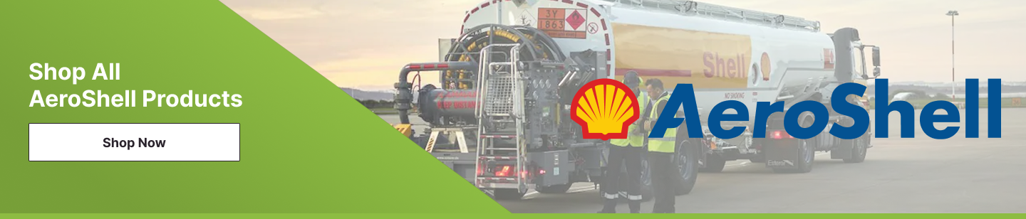 Green banner with âShop All AeroShell Productsâ and a âShop Nowâ button over a faded airport scene of a Shell fuel truck and ground crew, with the Shell logo and large âAeroShellâ wordmark.