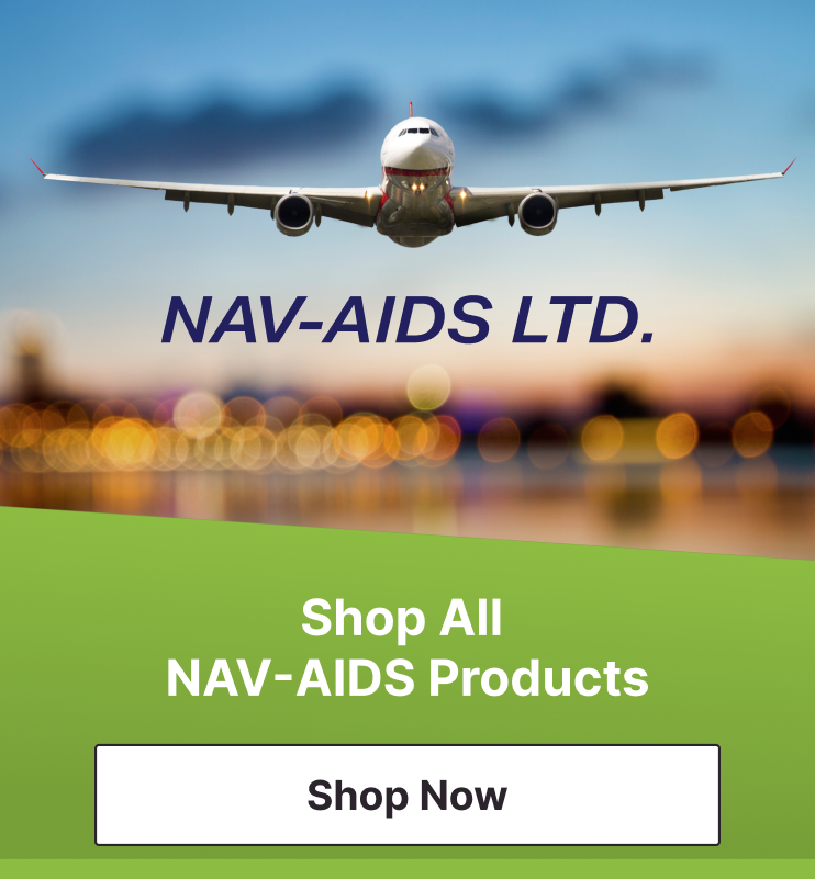 Green-and-blue footer banner with âShop All NAV-AIDS Products,â a âShop Nowâ button, and a front-view commercial jet above blurred city lights with âNAV-AIDS LTD.â on the right.