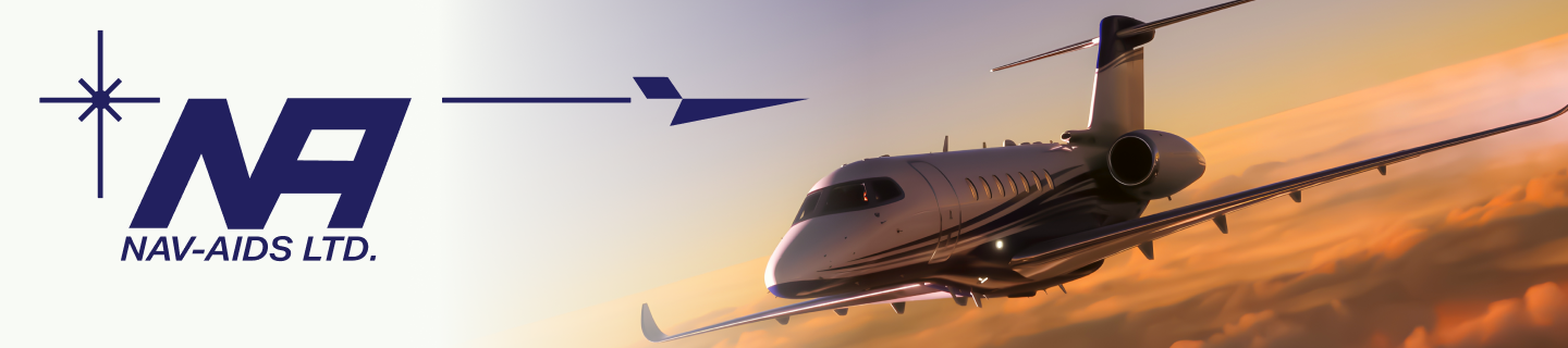 NAV-AIDS LTD. header image with stylized NA logo and arrow graphic on the left and a business jet flying above clouds in warm sunset light.