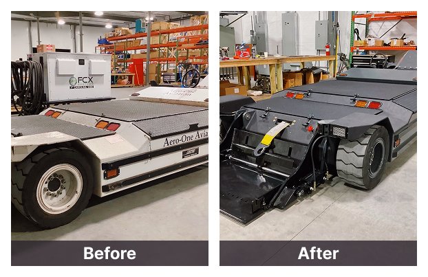 Side-by-side comparison of an electric tug before and after refurbishment. The left image shows a worn-out white tug with faded branding and visible wear, while the right image features a fully restored, freshly painted black tug with upgraded components, a clean surface, and a neatly attached tow strap.